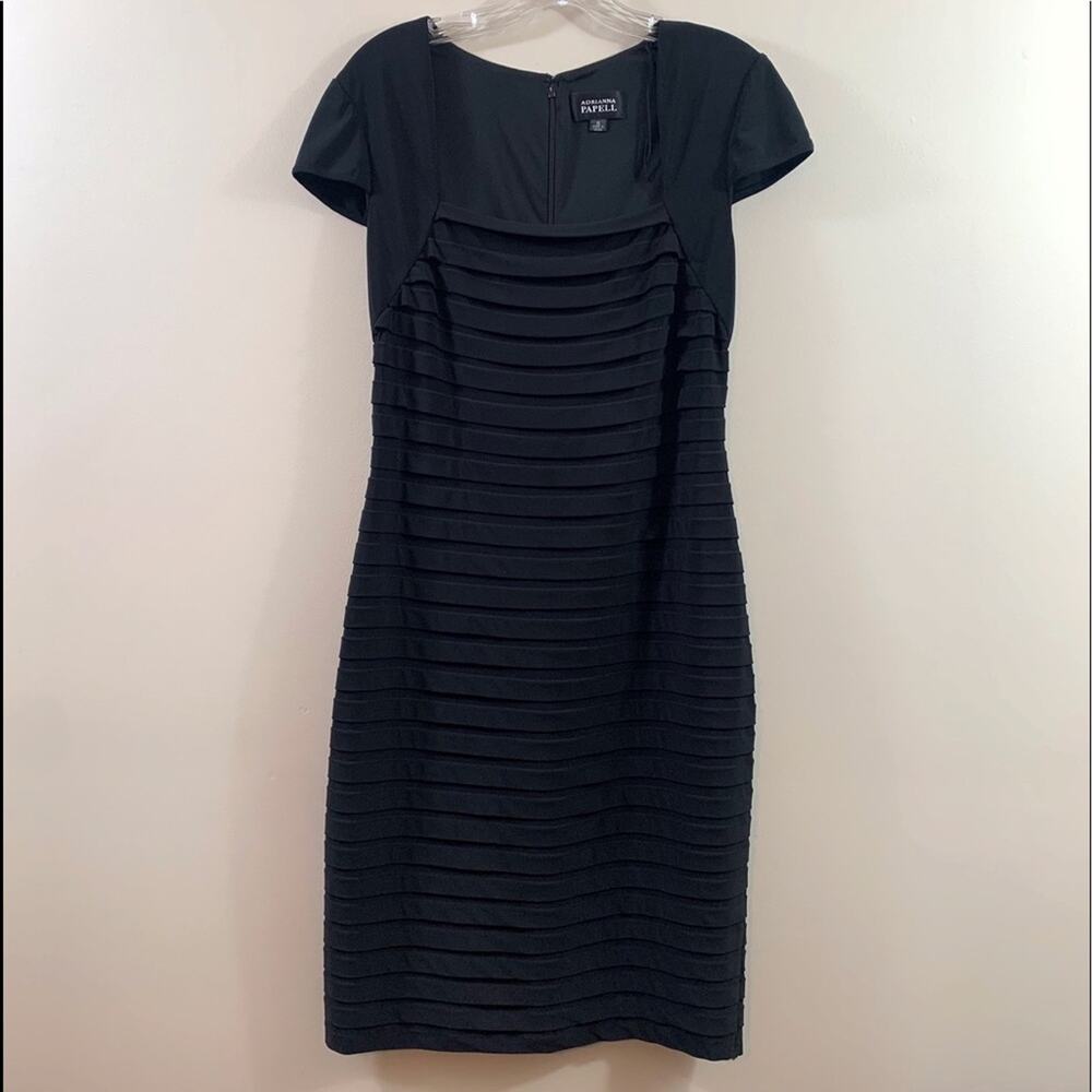 Adrianna Papell Tiered Pleating Sheath Cap Sleeve Midi Black Dress